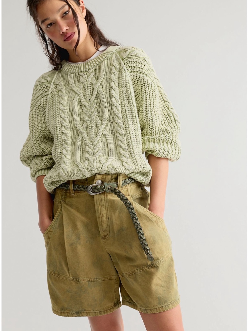 FREE PEOPLE FRANKIE CABLE KNIT SWEATED / MINT GREEN